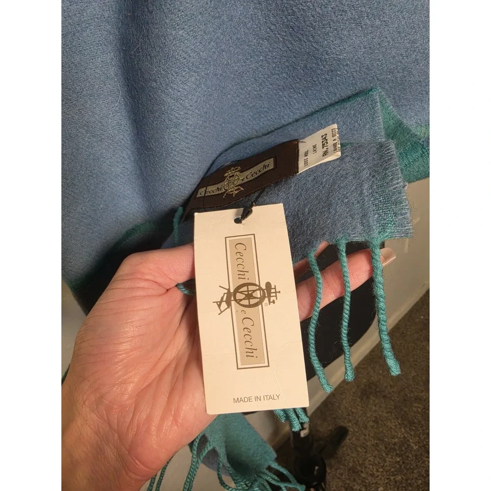 Cecchi e Cecchi Italy blue green Scarf  striped  Eyelash Fringe Wrap 100% wool
